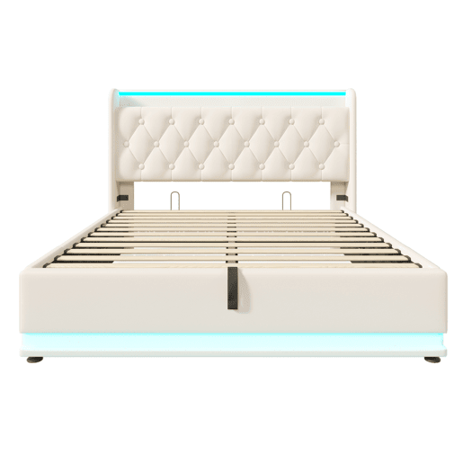 Cama de arrumação em pele sintética 140x200 cm - com LED, tomadas USB e tipo C - Branco