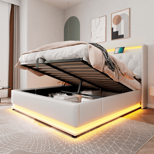 Cama de arrumação em pele sintética 140x200 cm - com LED, tomadas USB e tipo C - Branco
