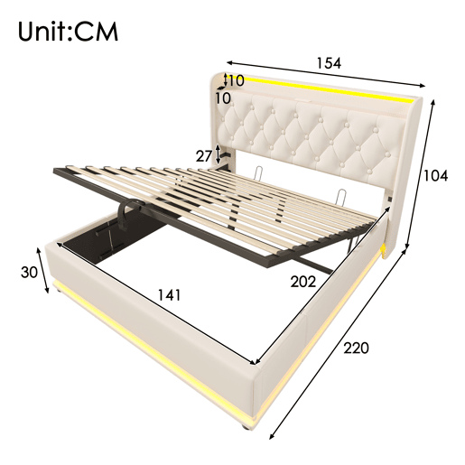 Cama de arrumação em pele sintética 140x200 cm - com LED, tomadas USB e tipo C - Branco
