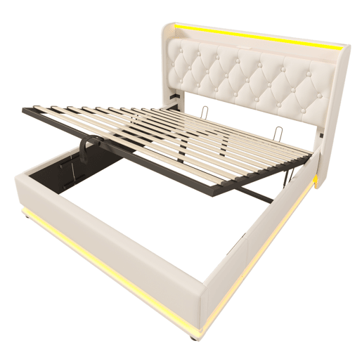 Cama de arrumação em pele sintética 140x200 cm - com LED, tomadas USB e tipo C - Branco
