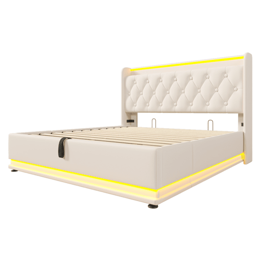Cama de arrumação em pele sintética 140x200 cm - com LED, tomadas USB e tipo C - Branco