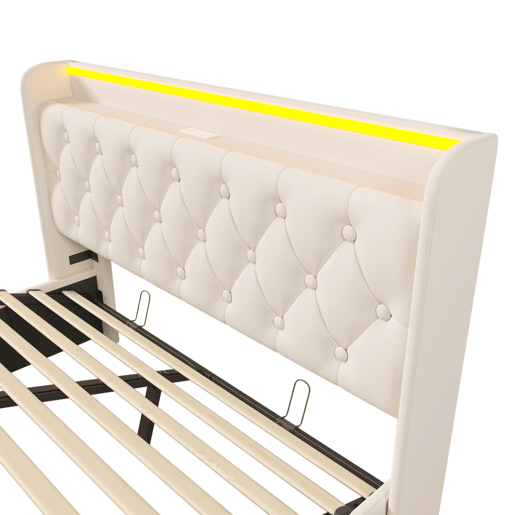 Cama de arrumação em pele sintética 140x200 cm - com LED, tomadas USB e tipo C - Branco