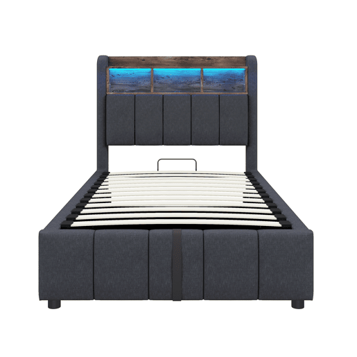 Cama individual 90*200 cm - Com iluminação LED e porta USB, cabeceira com prateleiras e arrumação, com arrumação hidráulica - Cinza linho Cama individual 90*200 cm - Com iluminação LED e porta USB, cabeceira com prateleiras e arrumação, com arrumação hidráulica - Cinza linho