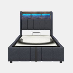 Cama individual 90*200 cm - Com iluminação LED e porta USB, cabeceira com prateleiras e arrumação, com arrumação hidráulica - Cinza linho