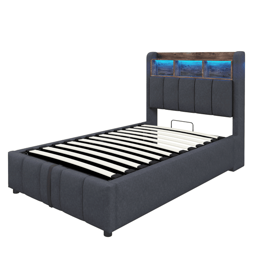 Cama individual 90*200 cm - Com iluminação LED e porta USB, cabeceira com prateleiras e arrumação, com arrumação hidráulica - Cinza linho Cama individual 90*200 cm - Com iluminação LED e porta USB, cabeceira com prateleiras e arrumação, com arrumação hidráulica - Cinza linho