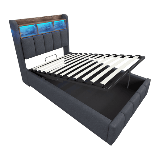 Cama individual 90*200 cm - Com iluminação LED e porta USB, cabeceira com prateleiras e arrumação, com arrumação hidráulica - Cinza linho Cama individual 90*200 cm - Com iluminação LED e porta USB, cabeceira com prateleiras e arrumação, com arrumação hidráulica - Cinza linho