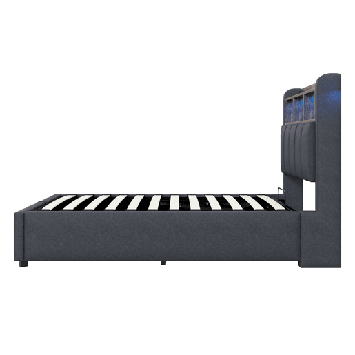 Cama individual 90*200 cm - Com iluminação LED e porta USB, cabeceira com prateleiras e arrumação, com arrumação hidráulica - Cinza linho Cama individual 90*200 cm - Com iluminação LED e porta USB, cabeceira com prateleiras e arrumação, com arrumação hidráulica - Cinza linho