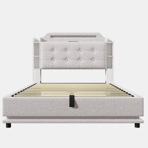 Cama estofada 140*200 cm - Com barra LED, espaço de armazenamento hidráulico, vários compartimentos, sem colchão, USB + TYPE-C - Bege