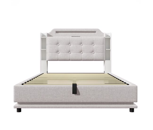 Cama tapizada 140*200 cm - con barra de led, espacio de almacenamiento hidráulico, varios compartimentos, sin colchón, usb + type-c - beige