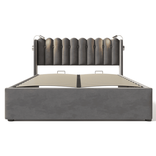 Cama contentora estofada com LED e portas de carregamento USB - 160x200cm - tecido aveludado - com estrado de molas - Cinzento Cama contentora estofada com LED e portas de carregamento USB - 160x200cm - tecido aveludado - com estrado de molas - Cinzento