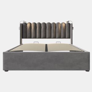 Cama contentora estofada com LED e portas de carregamento USB - 160x200cm - tecido aveludado - com estrado de molas - Cinzento