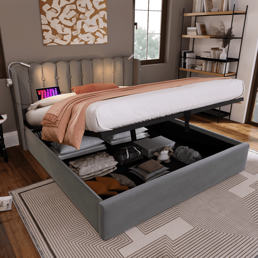 Cama contentora estofada com LED e portas de carregamento USB - 160x200cm - tecido aveludado - com estrado de molas - Cinzento Cama contentora estofada com LED e portas de carregamento USB - 160x200cm - tecido aveludado - com estrado de molas - Cinzento