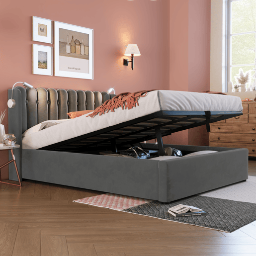 Cama contentora estofada com LED e portas de carregamento USB - 160x200cm - tecido aveludado - com estrado de molas - Cinzento Cama contentora estofada com LED e portas de carregamento USB - 160x200cm - tecido aveludado - com estrado de molas - Cinzento