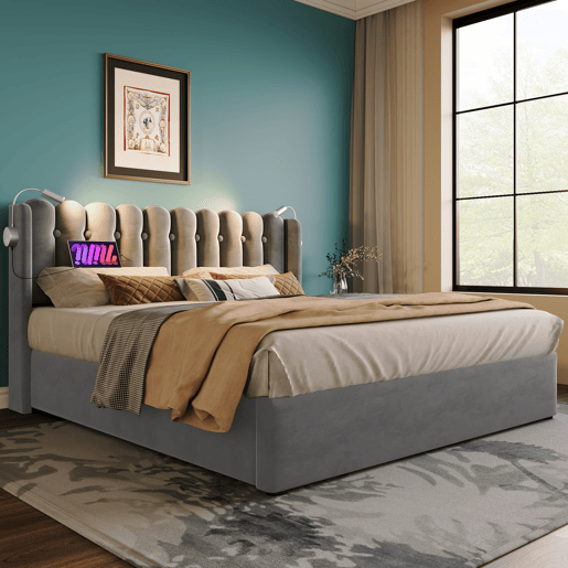 Cama contentora estofada com LED e portas de carregamento USB - 160x200cm - tecido aveludado - com estrado de molas - Cinzento Cama contentora estofada com LED e portas de carregamento USB - 160x200cm - tecido aveludado - com estrado de molas - Cinzento