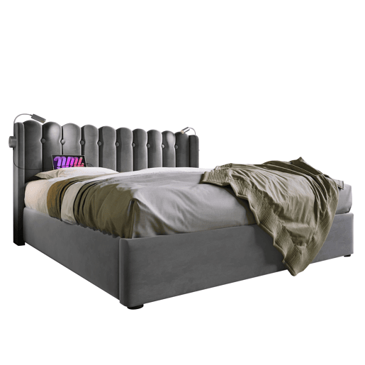 Cama contentora estofada com LED e portas de carregamento USB - 160x200cm - tecido aveludado - com estrado de molas - Cinzento Cama contentora estofada com LED e portas de carregamento USB - 160x200cm - tecido aveludado - com estrado de molas - Cinzento
