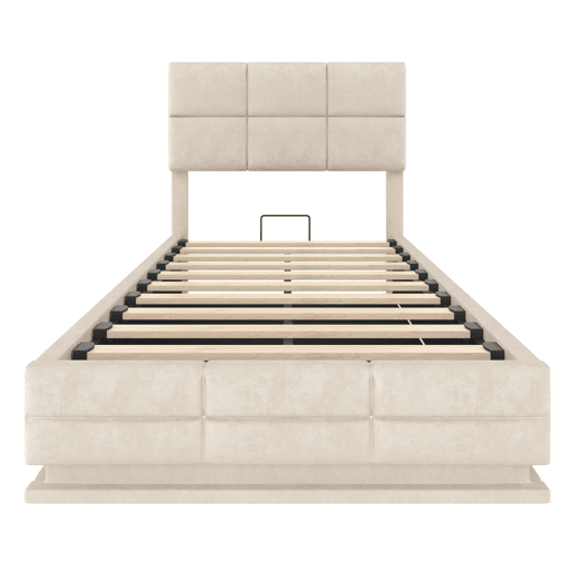 Cama estofada moderna 90x200 cm - cabeceira ajustável, portas USBType-C, iluminação LED ambiente, sistema hidráulico e armazenamento XXL - Bege