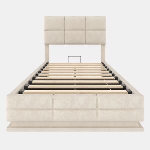 Cama estofada moderna 90x200 cm - cabeceira ajustável, portas USBType-C, iluminação LED ambiente, sistema hidráulico e armazenamento XXL - Bege