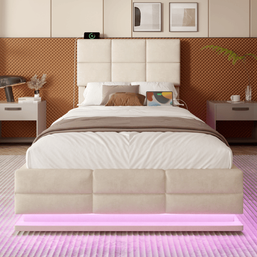 Cama estofada moderna 90x200 cm - cabeceira ajustável, portas USBType-C, iluminação LED ambiente, sistema hidráulico e armazenamento XXL - Bege