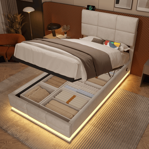 Cama estofada moderna 90x200 cm - cabeceira ajustável, portas USBType-C, iluminação LED ambiente, sistema hidráulico e armazenamento XXL - Bege