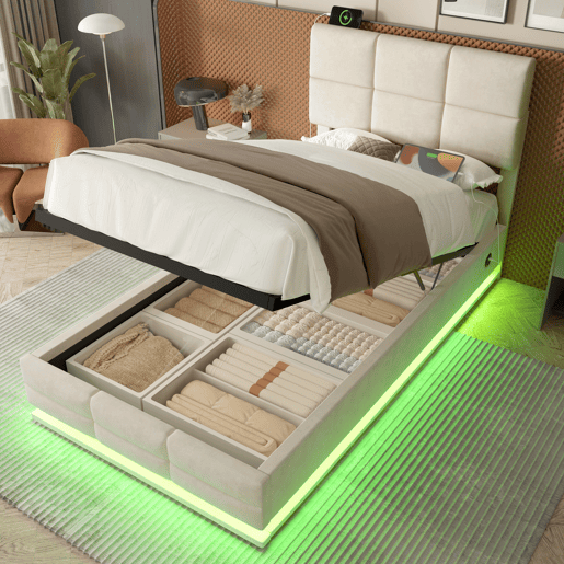 Cama estofada moderna 90x200 cm - cabeceira ajustável, portas USBType-C, iluminação LED ambiente, sistema hidráulico e armazenamento XXL - Bege
