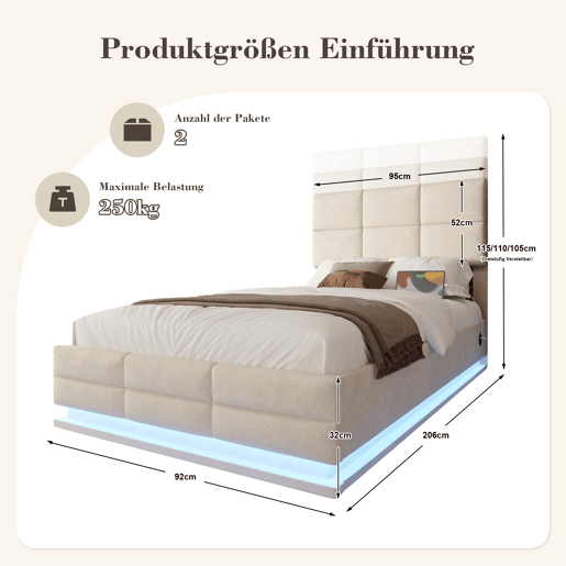 Cama estofada moderna 90x200 cm - cabeceira ajustável, portas USBType-C, iluminação LED ambiente, sistema hidráulico e armazenamento XXL - Bege