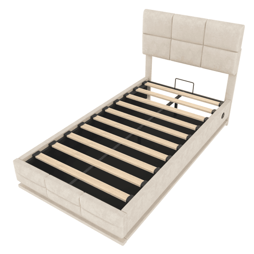 Cama estofada moderna 90x200 cm - cabeceira ajustável, portas USBType-C, iluminação LED ambiente, sistema hidráulico e armazenamento XXL - Bege