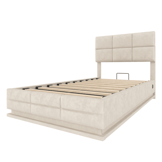 Cama estofada moderna 90x200 cm - cabeceira ajustável, portas USBType-C, iluminação LED ambiente, sistema hidráulico e armazenamento XXL - Bege