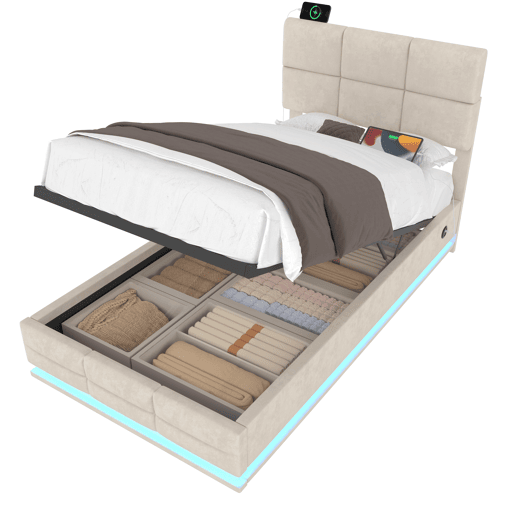 Cama estofada moderna 90x200 cm - cabeceira ajustável, portas USBType-C, iluminação LED ambiente, sistema hidráulico e armazenamento XXL - Bege