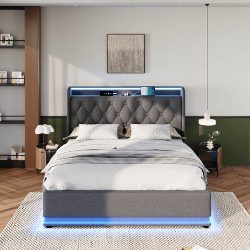 Cama para arrumação de roupa de cama 160x200 cm - com LED, USB e tomadas C - Cinzento Cama para arrumação de roupa de cama 160x200 cm - com LED, USB e tomadas C - Cinzento