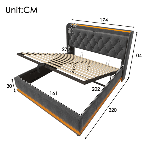 Cama para arrumação de roupa de cama 160x200 cm - com LED, USB e tomadas C - Cinzento Cama para arrumação de roupa de cama 160x200 cm - com LED, USB e tomadas C - Cinzento