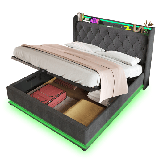 Cama para arrumação de roupa de cama 160x200 cm - com LED, USB e tomadas C - Cinzento Cama para arrumação de roupa de cama 160x200 cm - com LED, USB e tomadas C - Cinzento