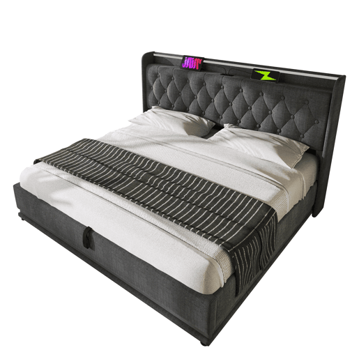 Cama para arrumação de roupa de cama 160x200 cm - com LED, USB e tomadas C - Cinzento Cama para arrumação de roupa de cama 160x200 cm - com LED, USB e tomadas C - Cinzento