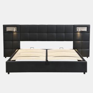 Cama estofada 180x200 cm - hidráulica, com porta USB, carregamento sem fios, lâmpada LED e arrumação - Preto