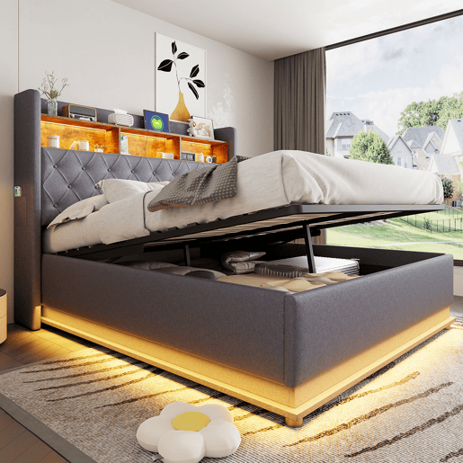 Cama canapé em linho de 160 x 200 cm - com portas LED e USB - Cinzento Cama canapé em linho de 160 x 200 cm - com portas LED e USB - Cinzento