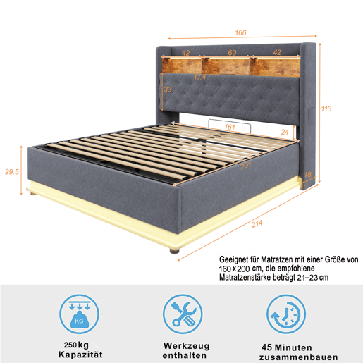 Cama canapé em linho de 160 x 200 cm - com portas LED e USB - Cinzento Cama canapé em linho de 160 x 200 cm - com portas LED e USB - Cinzento