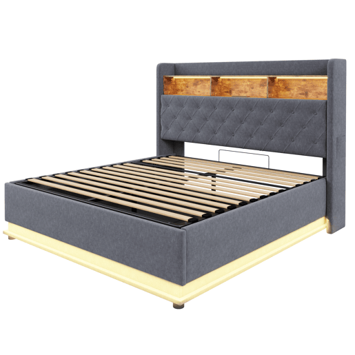 Cama canapé em linho de 160 x 200 cm - com portas LED e USB - Cinzento Cama canapé em linho de 160 x 200 cm - com portas LED e USB - Cinzento