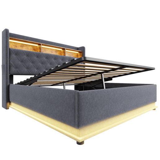Cama canapé em linho de 160 x 200 cm - com portas LED e USB - Cinzento Cama canapé em linho de 160 x 200 cm - com portas LED e USB - Cinzento