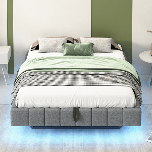 Cama estofada 140x200 cm - Estrutura flutuante hidráulica com arrumação, cama multifuncional sem cabeceira com luz LED - Cinza Cama estofada 140x200 cm - Estrutura flutuante hidráulica com arrumação, cama multifuncional sem cabeceira com luz LED - Cinza