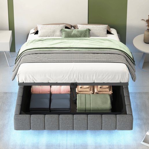 Cama estofada 140x200 cm - Estrutura flutuante hidráulica com arrumação, cama multifuncional sem cabeceira com luz LED - Cinza Cama estofada 140x200 cm - Estrutura flutuante hidráulica com arrumação, cama multifuncional sem cabeceira com luz LED - Cinza