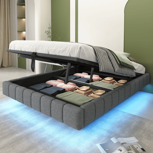 Cama estofada 140x200 cm - Estrutura flutuante hidráulica com arrumação, cama multifuncional sem cabeceira com luz LED - Cinza Cama estofada 140x200 cm - Estrutura flutuante hidráulica com arrumação, cama multifuncional sem cabeceira com luz LED - Cinza