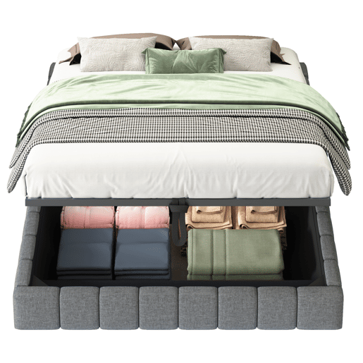 Cama estofada 140x200 cm - Estrutura flutuante hidráulica com arrumação, cama multifuncional sem cabeceira com luz LED - Cinza Cama estofada 140x200 cm - Estrutura flutuante hidráulica com arrumação, cama multifuncional sem cabeceira com luz LED - Cinza
