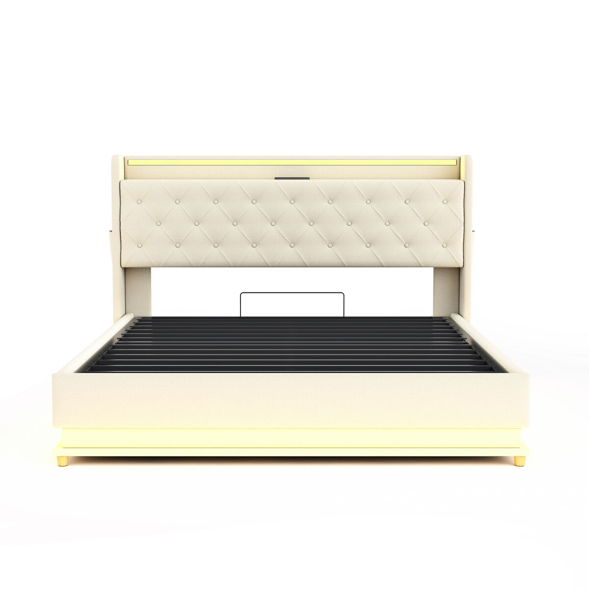 Cama cómoda tapizada con led 160x200 cm - con puerto de carga usb - tela de lino - beige