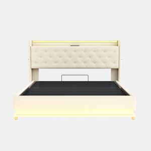 Cama confortável estofada com LED 160x200 cm - com porta de carregamento USB - Tecido de linho - Bege