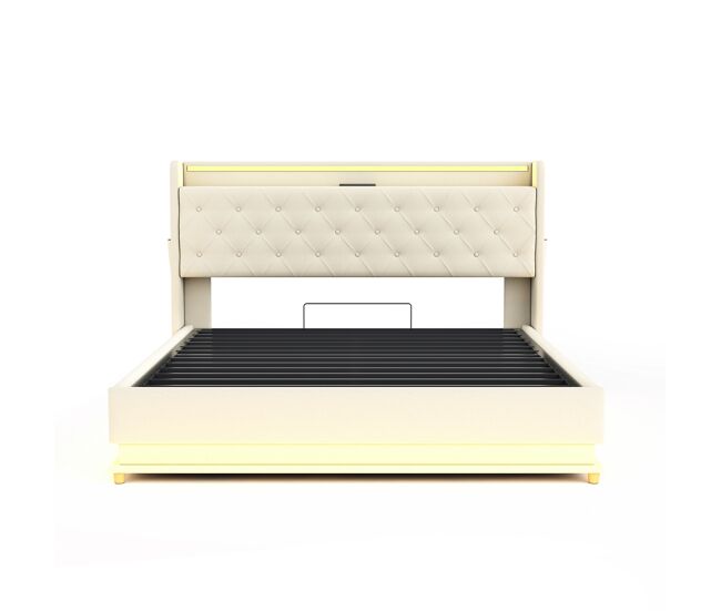 Cama cómoda tapizada con led 160x200 cm - con puerto de carga usb - tela de lino - beige