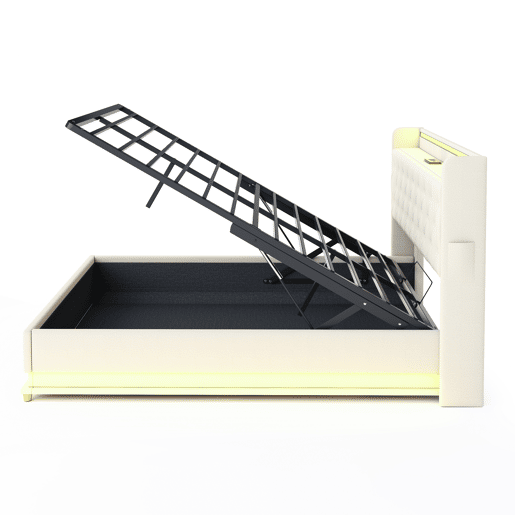 Cama confortável estofada com LED 160x200 cm - com porta de carregamento USB - Tecido de linho - Bege Cama confortável estofada com LED 160x200 cm - com porta de carregamento USB - Tecido de linho - Bege