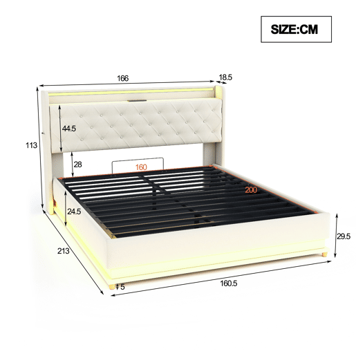 Cama confortável estofada com LED 160x200 cm - com porta de carregamento USB - Tecido de linho - Bege Cama confortável estofada com LED 160x200 cm - com porta de carregamento USB - Tecido de linho - Bege