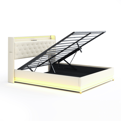 Cama confortável estofada com LED 160x200 cm - com porta de carregamento USB - Tecido de linho - Bege Cama confortável estofada com LED 160x200 cm - com porta de carregamento USB - Tecido de linho - Bege