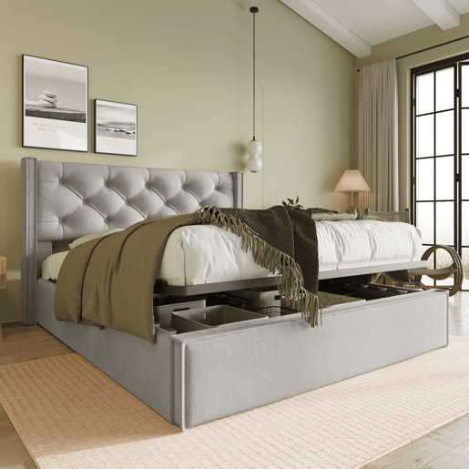 Cama de casal hidráulica 140x200 - com estrado de metal e arrumação - Cinza claro Cama de casal hidráulica 140x200 - com estrado de metal e arrumação - Cinza claro