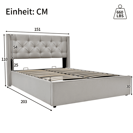 Cama de casal hidráulica 140x200 - com estrado de metal e arrumação - Cinza claro Cama de casal hidráulica 140x200 - com estrado de metal e arrumação - Cinza claro