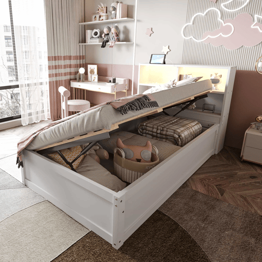 Sofá-cama 90*200 - Com várias tomadas, vários compartimentos de arrumação, faixa de luz, cama hidráulica, cama de madeira maciça, cama individual, cama multifuncional de madeira - Branco Sofá-cama 90*200 - Com várias tomadas, vários compartimentos de arrumação, faixa de luz, cama hidráulica, cama de madeira maciça, cama individual, cama multifuncional de madeira - Branco